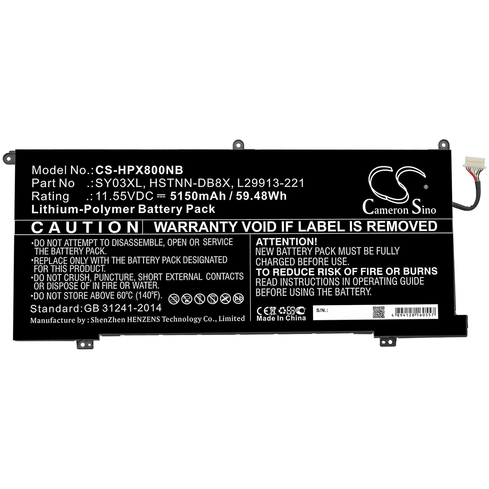 Li-ion Battery fits Hp, Hstnn-db8x, L29913-221, L29913-2c1, L29959-002, L29959-005, Sy03060xl, Sy03xl 11.55V, 5150mAh Notebook & Laptop Cameron Sino Technology Limited