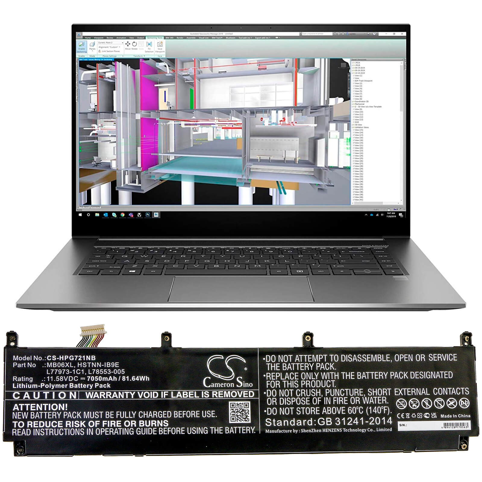Li-ion Battery fits Hp, Zbook Create G7, Zbook Studio G7, Zbook Studio G7 1j3r6ea 11.58V, 7050mAh Notebook & Laptop Cameron Sino Technology Limited