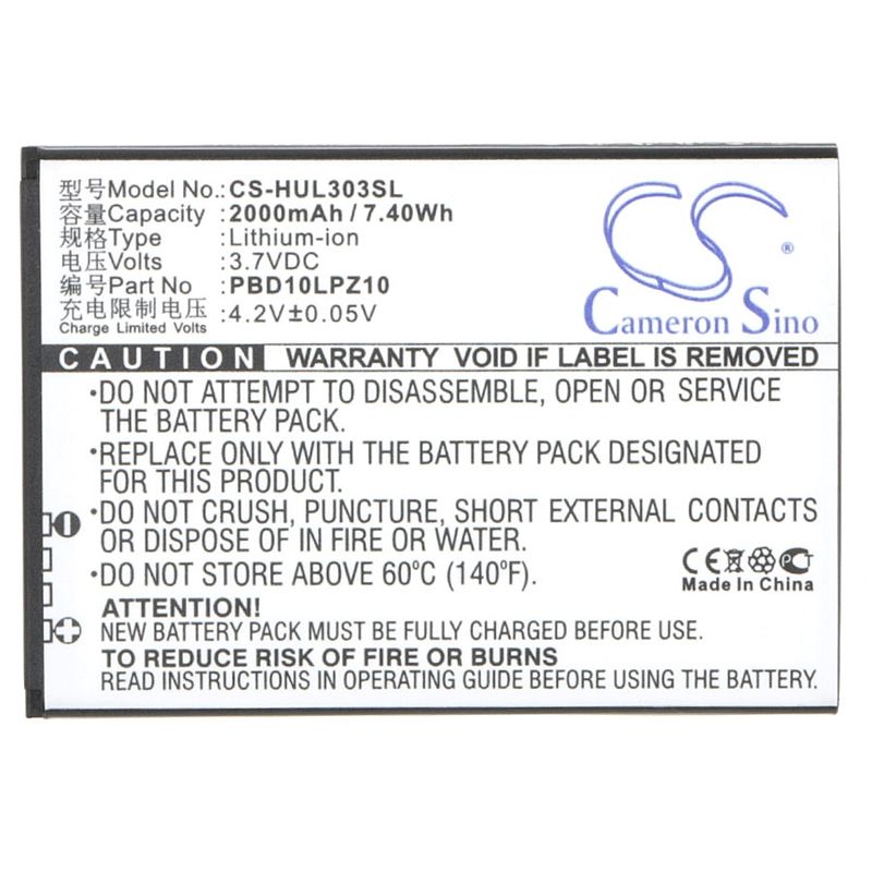 Li-ion Battery fits Huawei, 303hw, Gl10p, 3.7V, 2000mAh Hotspot Cameron Sino Technology Limited