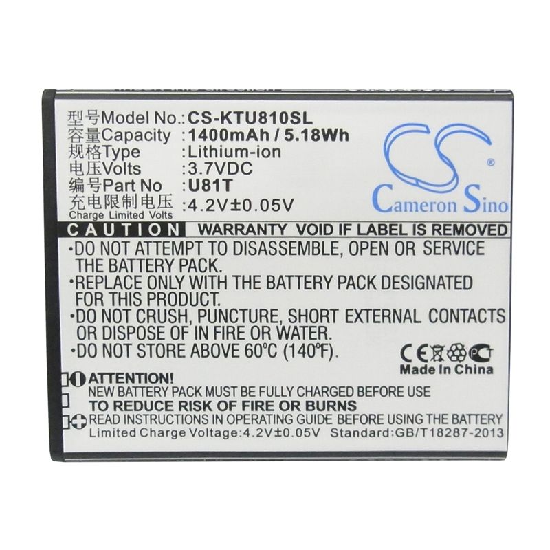 Li-ion Battery fits K-touch, u81t 3.7V, 1400mAh Communications Cameron Sino Technology Limited (Suspended)