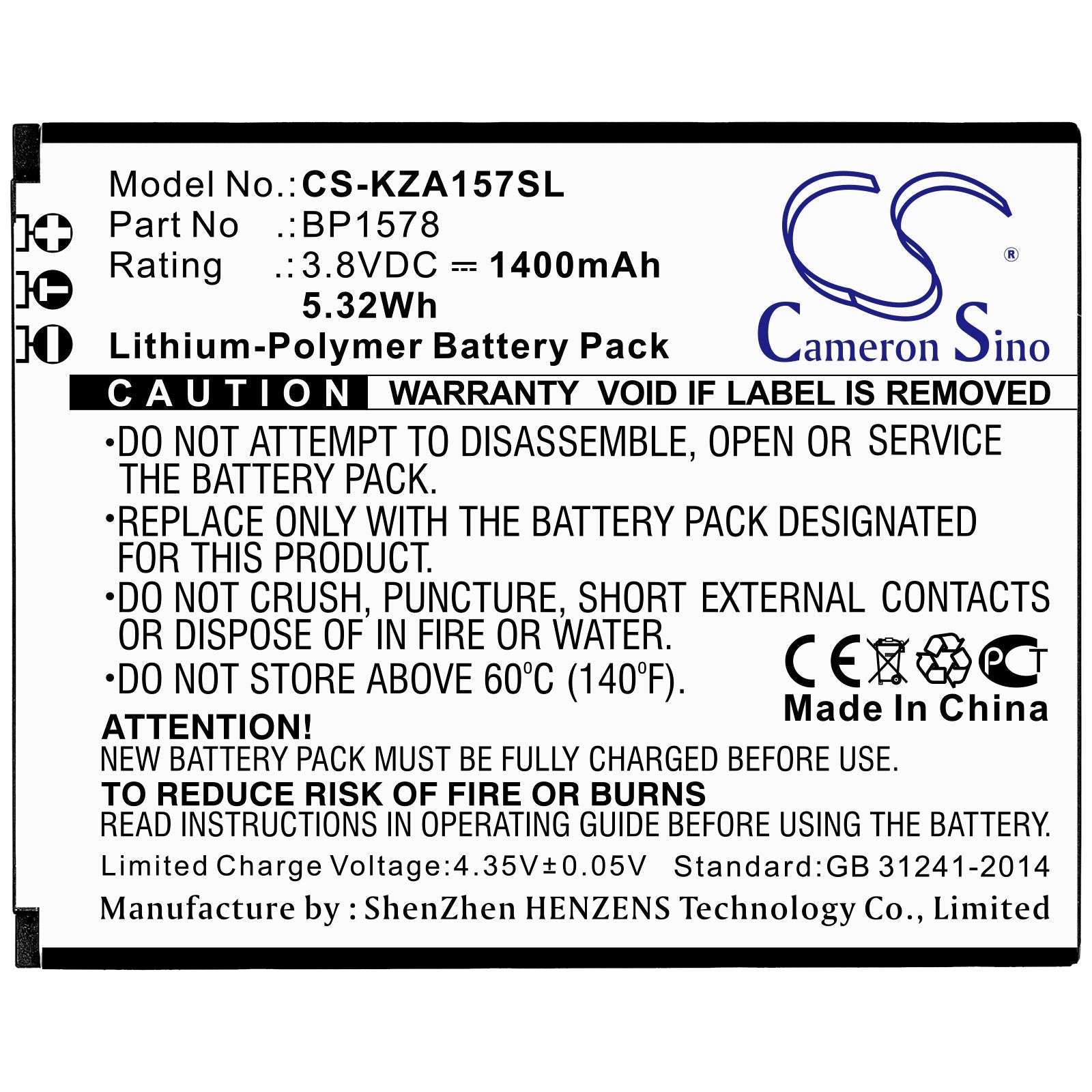 Li-ion Battery fits Kazuna, Bp1578 3.8V, 1400mAh Mobile & SmartPhone Cameron Sino Technology Limited