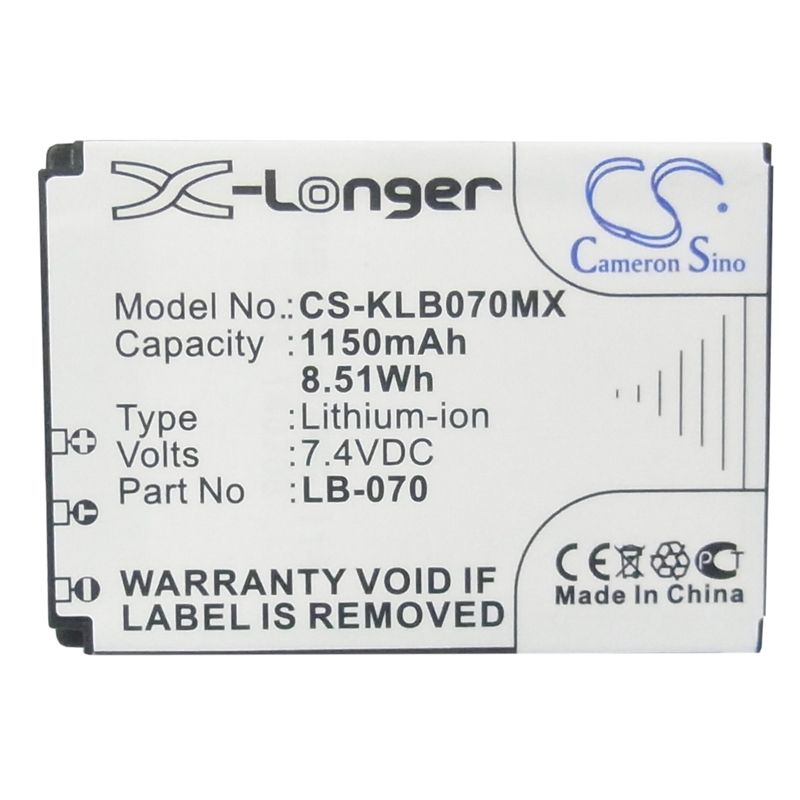 Li-ion Battery fits Kodak, Pixpro Az651, Pixpro Az651 Astro Zoom, Pixpro S1 7.4V, 1150mAh Camera Cameron Sino Technology Limited