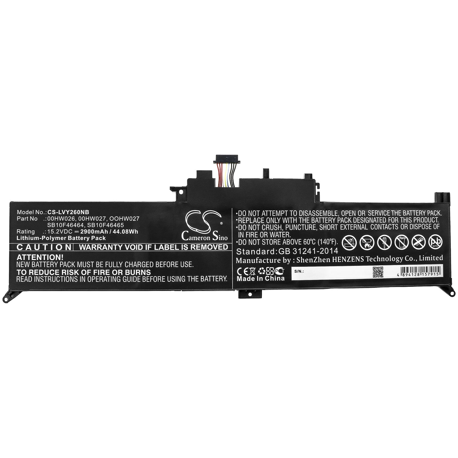 Li-ion Battery fits Lenovo, 00hw026, 00hw027, Oohw027, Sb10f46464, Sb10f46465 15.2V, 2900mAh Notebook & Laptop Cameron Sino Technology Limited