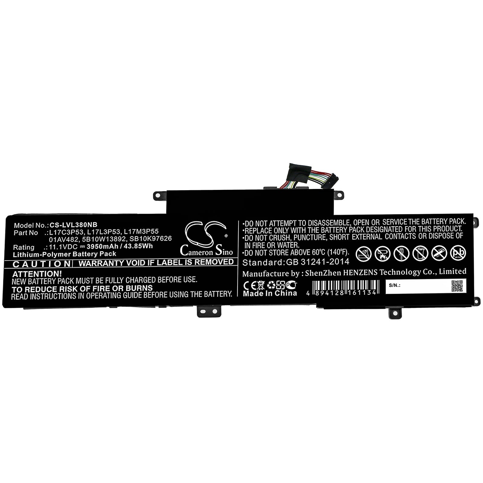 Li-ion Battery fits Lenovo, 01av482, 5b10w13892, L17m3p55, Sb10k97626, Sb10t83135 11.1V, 3950mAh Notebook & Laptop Cameron Sino Technology Limited