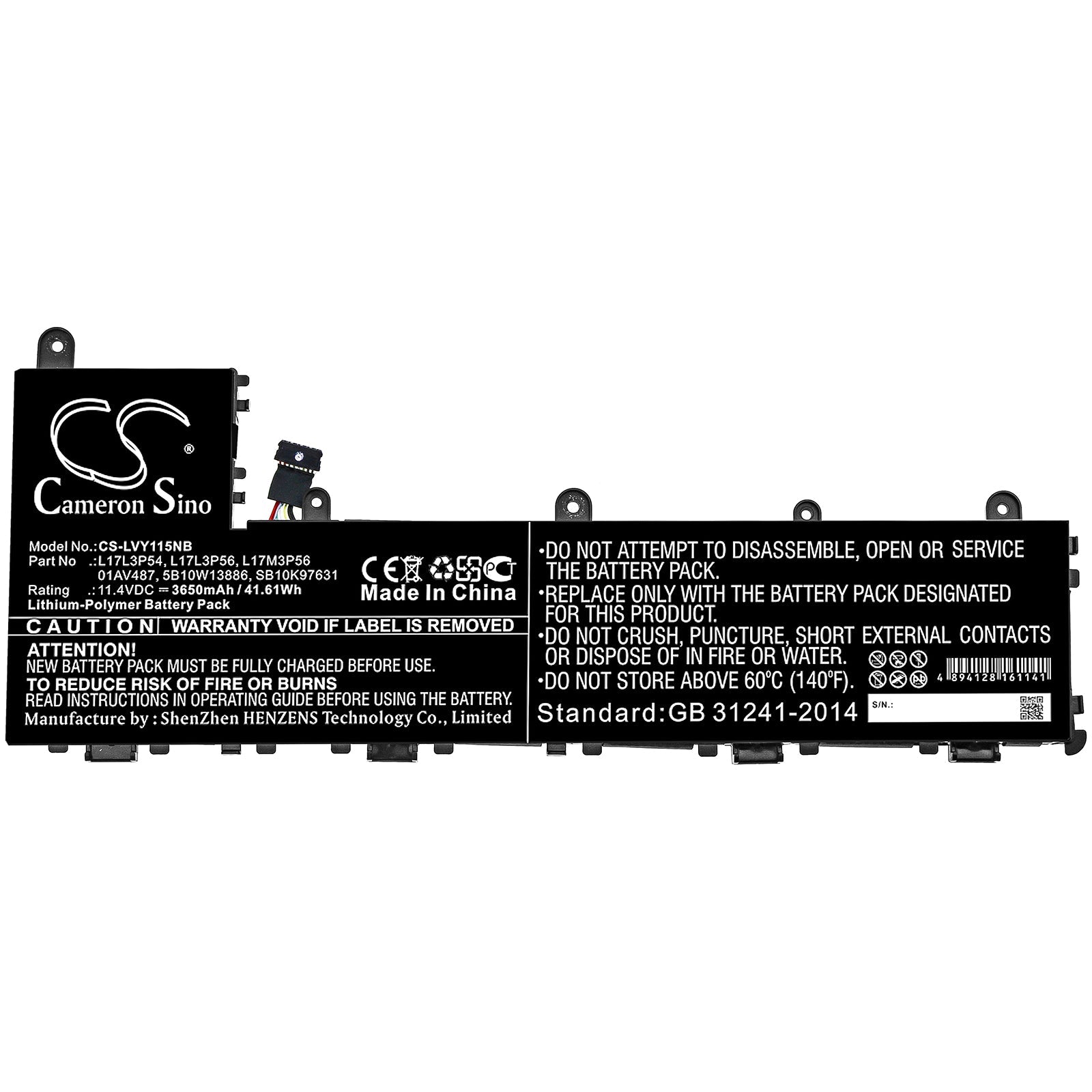 Li-ion Battery fits Lenovo, 01av486, 01av487, 5b10w13886, L17l3p54, L17l3p56, L17m3p56, Sb10k97630, Sb10k97631, Sb10t83129 11.1V Notebook & Laptop Cameron Sino Technology Limited