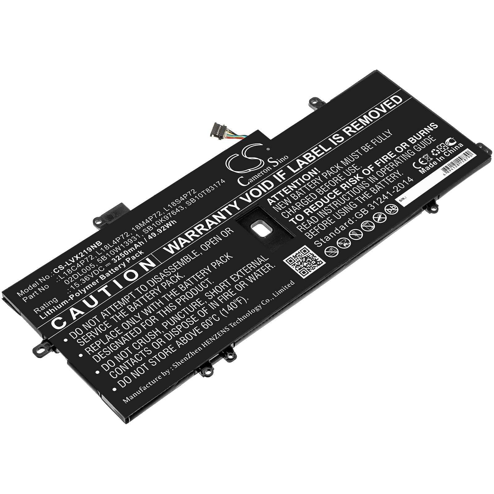 Li-ion Battery fits Lenovo, 02dl005, 5b10w13931, L18l4p72, L18m4p72, L18s4p72, Sb10k97643, Sb10t83174 11.36V, 3250mAh Notebook & Laptop Cameron Sino Technology Limited