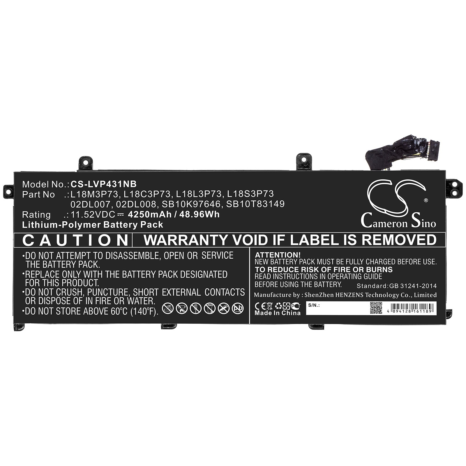 Li-ion Battery fits Lenovo, 02dl007, 02dl008, 3icp5/80/73, 5b10w13905, 5b10w13906, L18c3p73, L18l3p73, L18m3p73, L18s3p73, Sb10k Notebook & Laptop Cameron Sino Technology Limited