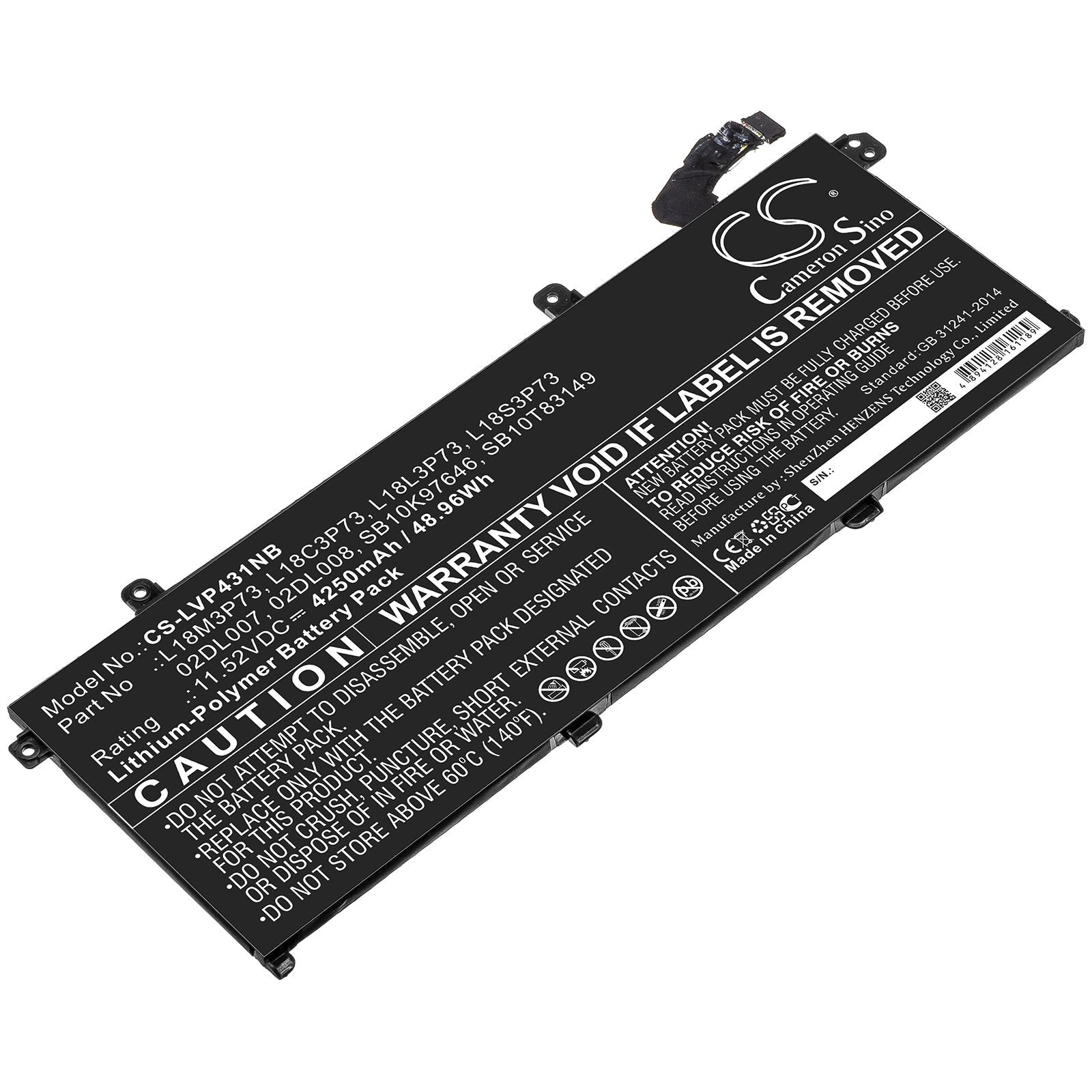 Li-ion Battery fits Lenovo, 02dl007, 02dl008, 3icp5/80/73, 5b10w13905, 5b10w13906, L18c3p73, L18l3p73, L18m3p73, L18s3p73, Sb10k Notebook & Laptop Cameron Sino Technology Limited