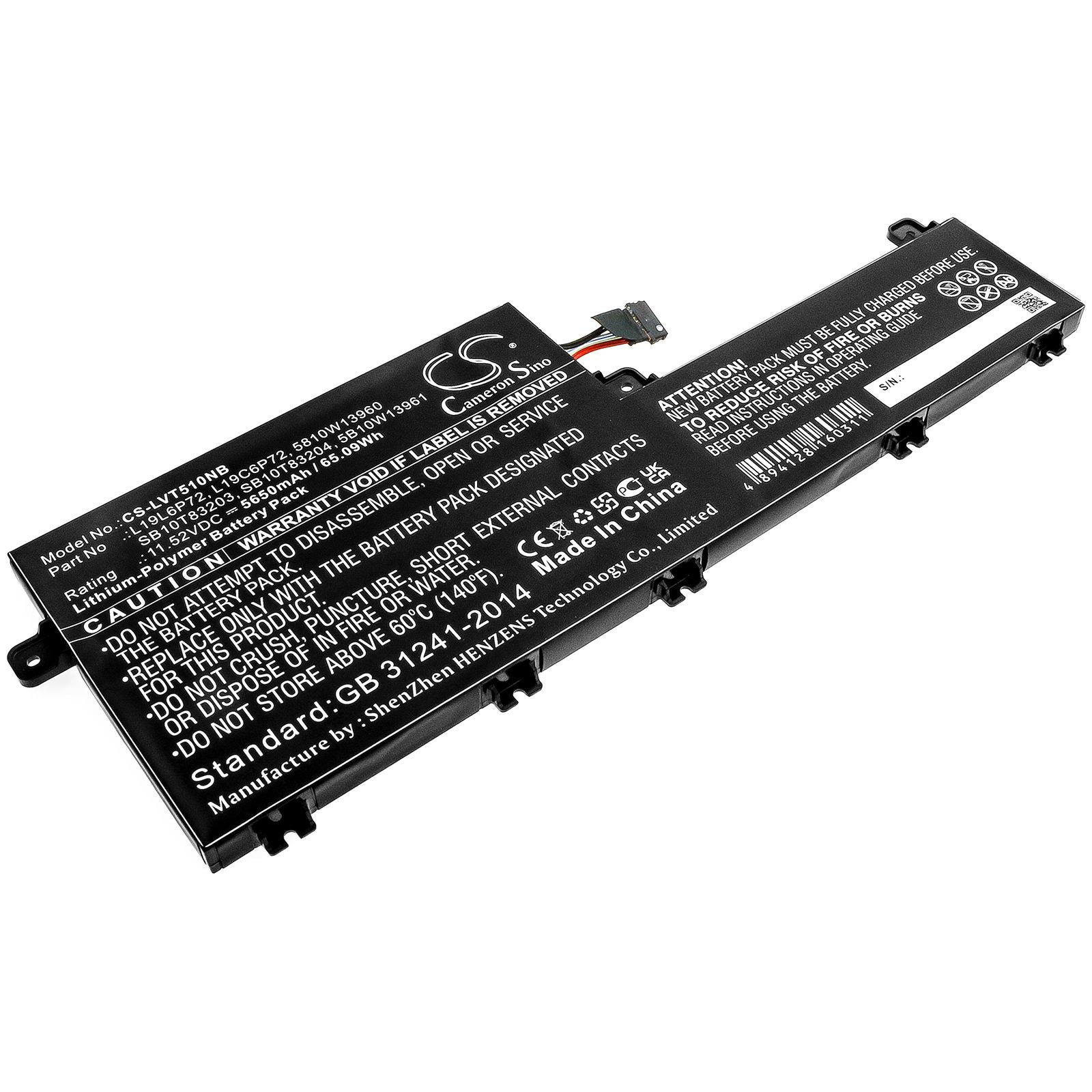 Li-ion Battery fits Lenovo, 5810w13960, 5b10w13961, L19c6p72, L19l6p72, Sb10t83203, Sb10t83204 11.52V, 5650mAh Notebook & Laptop Cameron Sino Technology Limited
