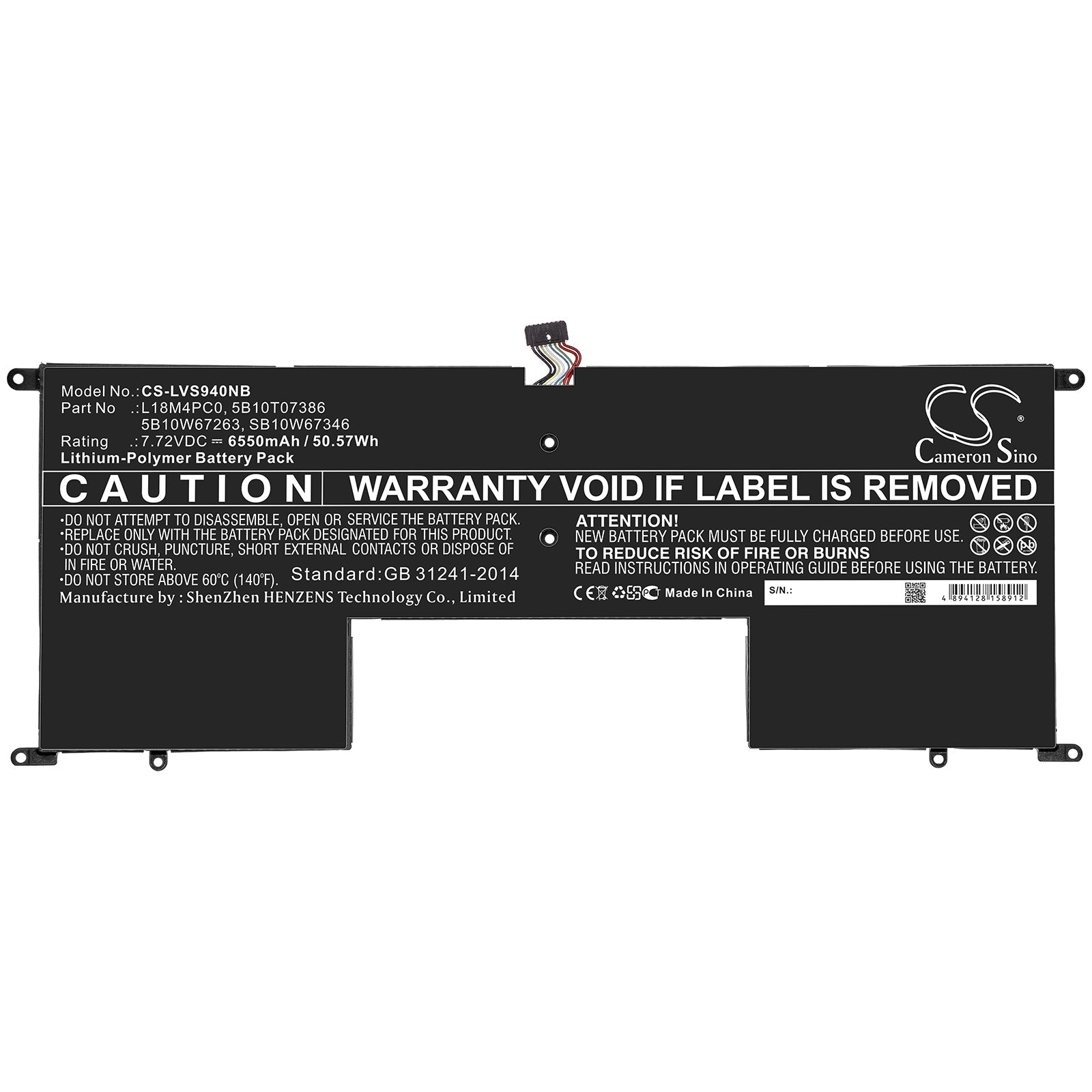 Li-ion Battery fits Lenovo, 5b10t07386, 5b10w67263, L18m4pc0, Sb10w67346 7.72V, 6550mAh Notebook & Laptop Cameron Sino Technology Limited
