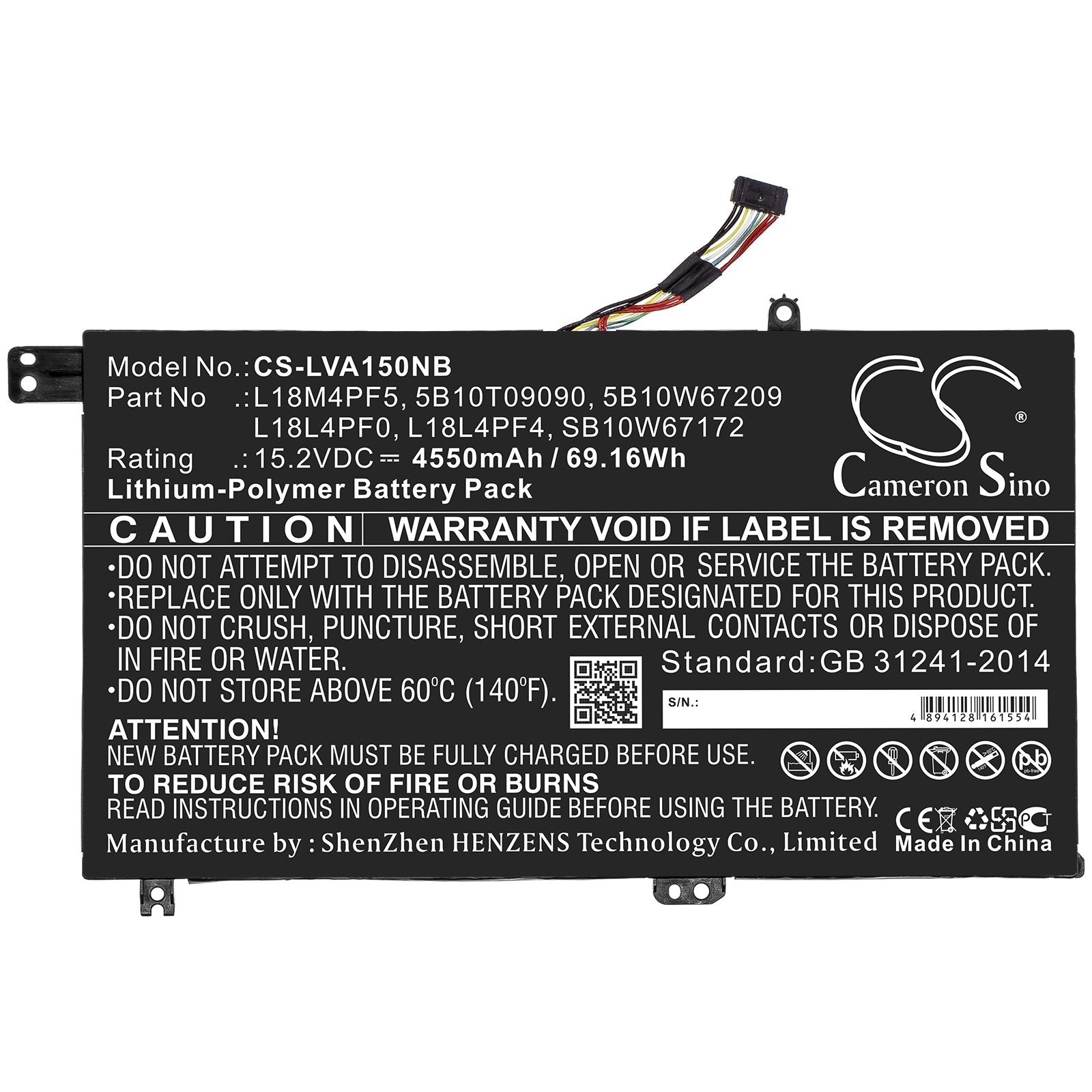 Li-ion Battery fits Lenovo, 5b10t09090, 5b10w67209, L18l4pf0, L18l4pf4, L18m4pf5, Sb10w67172 15.2V, 4550mAh Notebook & Laptop Cameron Sino Technology Limited