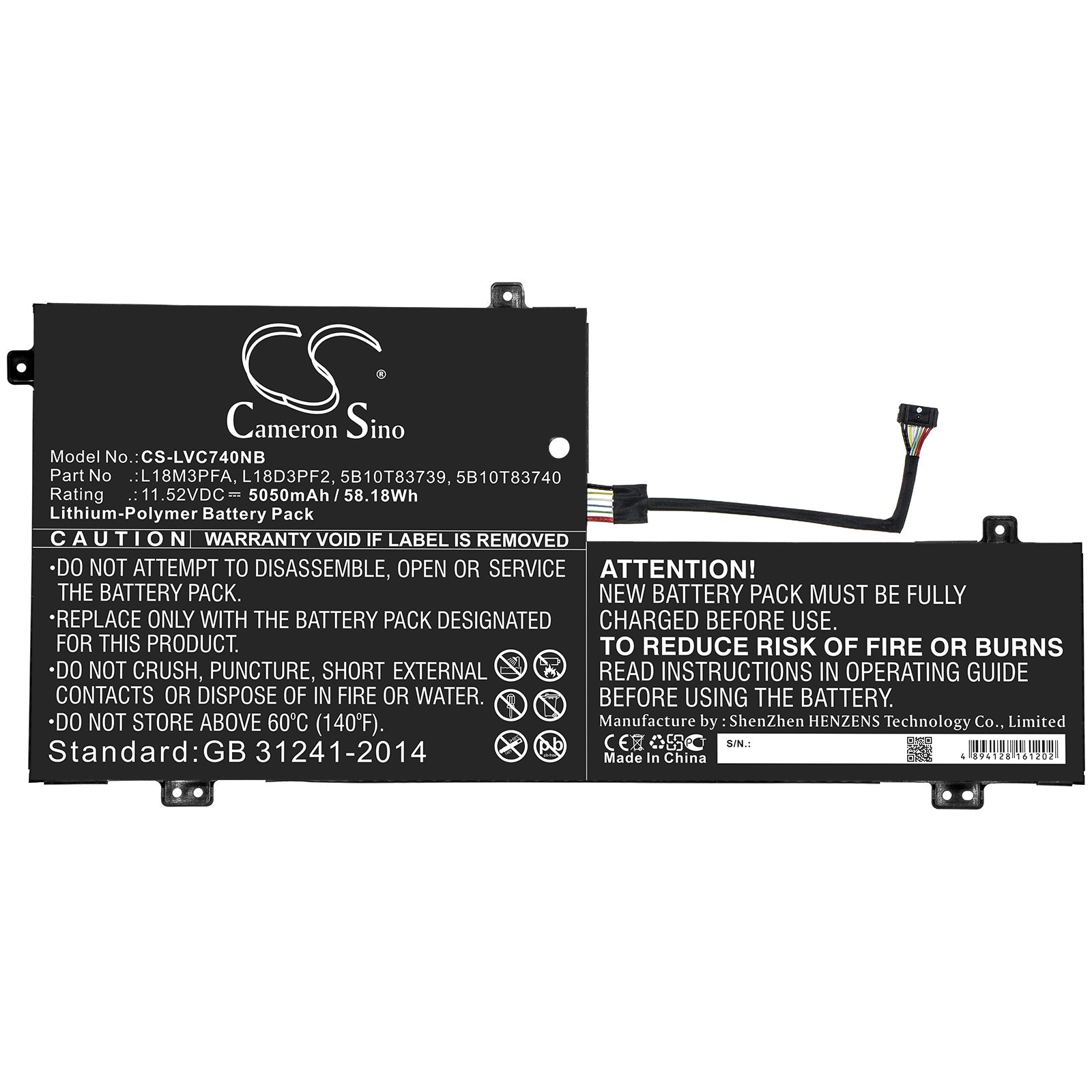 Li-ion Battery fits Lenovo, 5b10t83739, 5b10t83740, L18d3pf2, L18m3pfa 11.52V, 5050mAh Notebook & Laptop Cameron Sino Technology Limited
