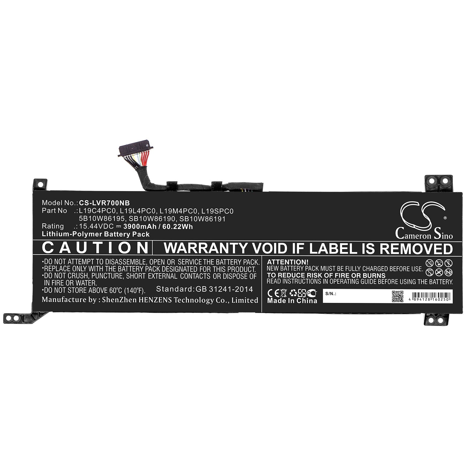 Li-ion Battery fits Lenovo, 5b10w86195, L19c4pc0, L19l4pc0, L19m4pc0, L19spc0, Sb10w86190, Sb10w86191 15.44V, 3900mAh Notebook & Laptop Cameron Sino Technology Limited