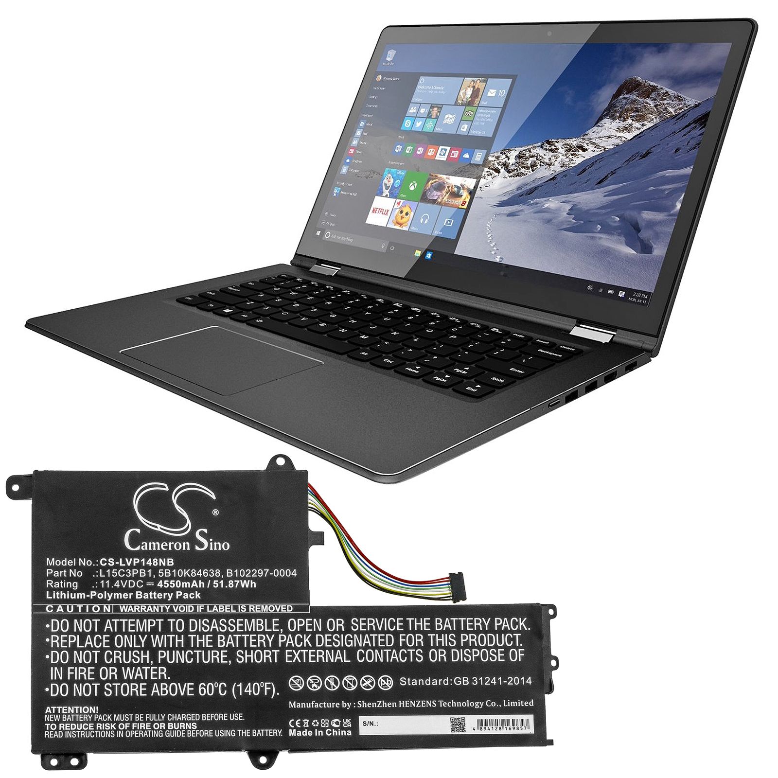 Li-ion Battery fits Lenovo, Flex 4-1480 14", Flex 4-1570, Flex 4-1580 80ve 11.4V, 4550mAh Notebook & Laptop Cameron Sino Technology Limited