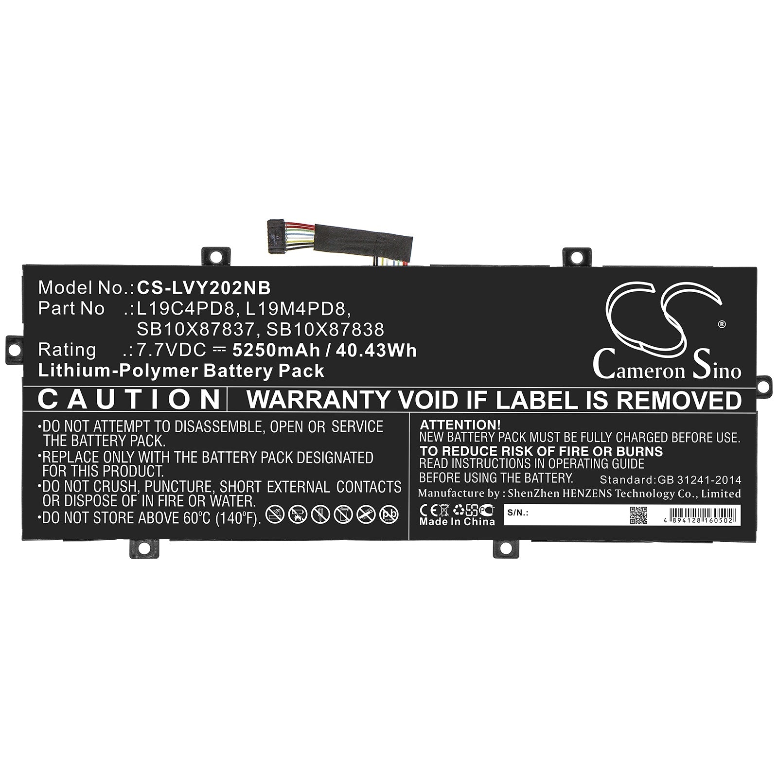 Li-ion Battery fits Lenovo, L19c4pd8, L19m4pd8, Sb10x87837, Sb10x87838 7.7V, 5250mAh Notebook & Laptop Cameron Sino Technology Limited