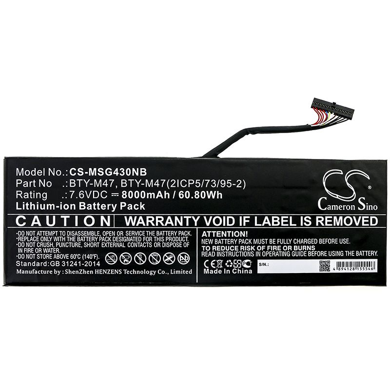 Li-ion Battery fits Msi, Gs40, Gs40 6qd 7.6V, 8000mAh Notebook & Laptop Cameron Sino Technology Limited
