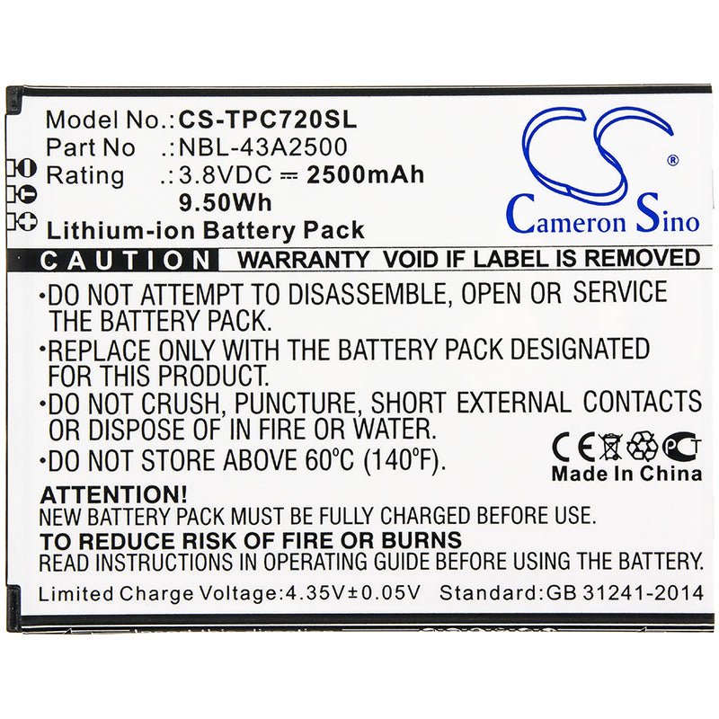 Li-ion Battery fits Neffos, C7s, Tp7051a 3.8V, 2500mAh Mobile & SmartPhone Cameron Sino Technology Limited