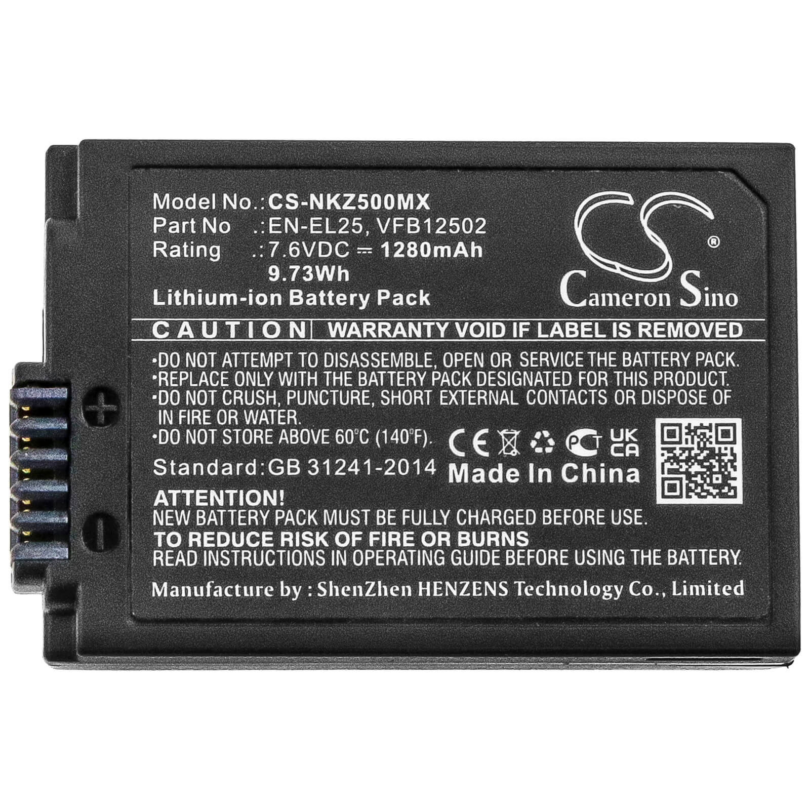 Li-ion Battery fits Nikon, Z50, Z50 Zfc 7.6V, 1280mAh Camera Cameron Sino Technology Limited