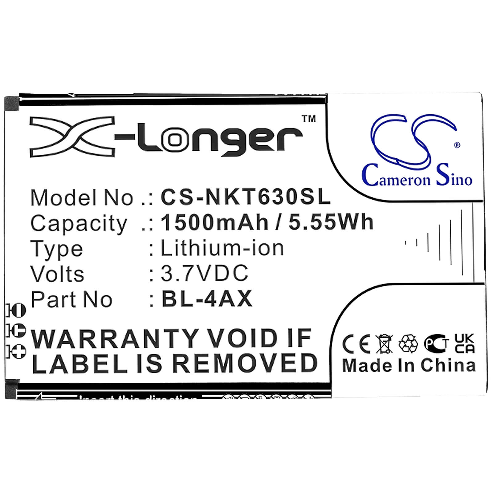 Li-ion Battery fits Nokia, 6300 4g, 8000 4g 3.7V, 1500mAh / 5.55Wh Mobile & SmartPhone Cameron Sino Technology Limited