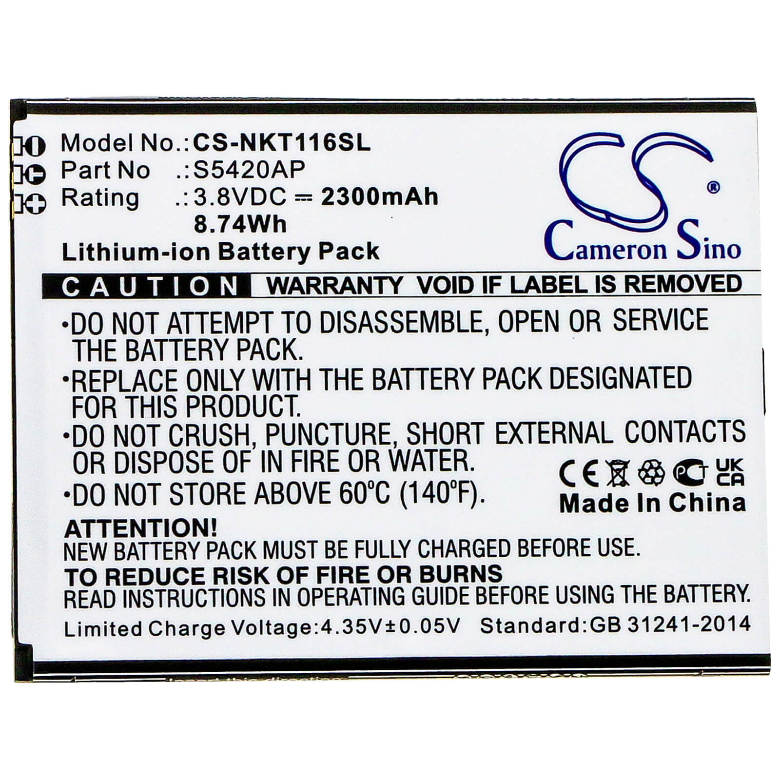 Li-ion Battery fits Nokia, C1 2019, Ta-1165 3.8V, 2300mAh / 8.74Wh Mobile & SmartPhone Cameron Sino Technology Limited