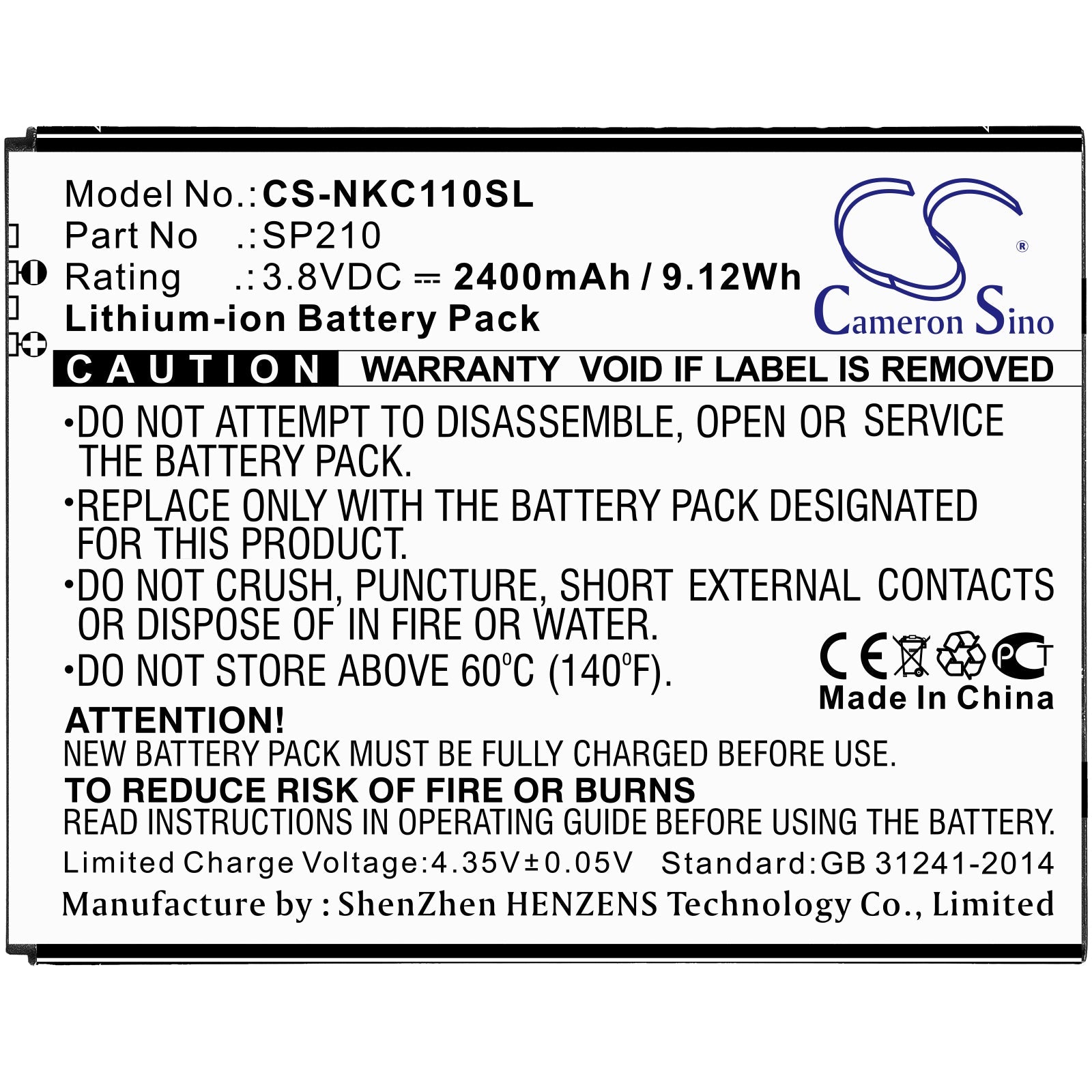 Li-ion Battery fits Nokia, C1 Plus 3.8V, 2400mAh Mobile & SmartPhone Cameron Sino Technology Limited