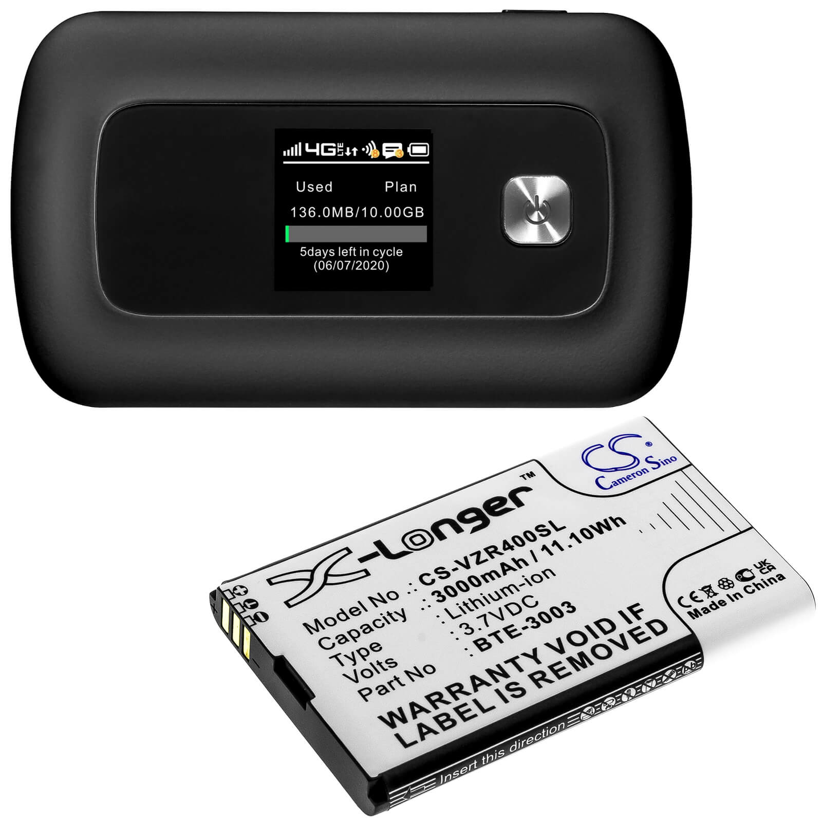Li-ion Battery fits Orbic, Orb400lb, Orb400lbvzrt 3.7V, 3000mAh / 11.10Wh Hotspot Cameron Sino Technology Limited