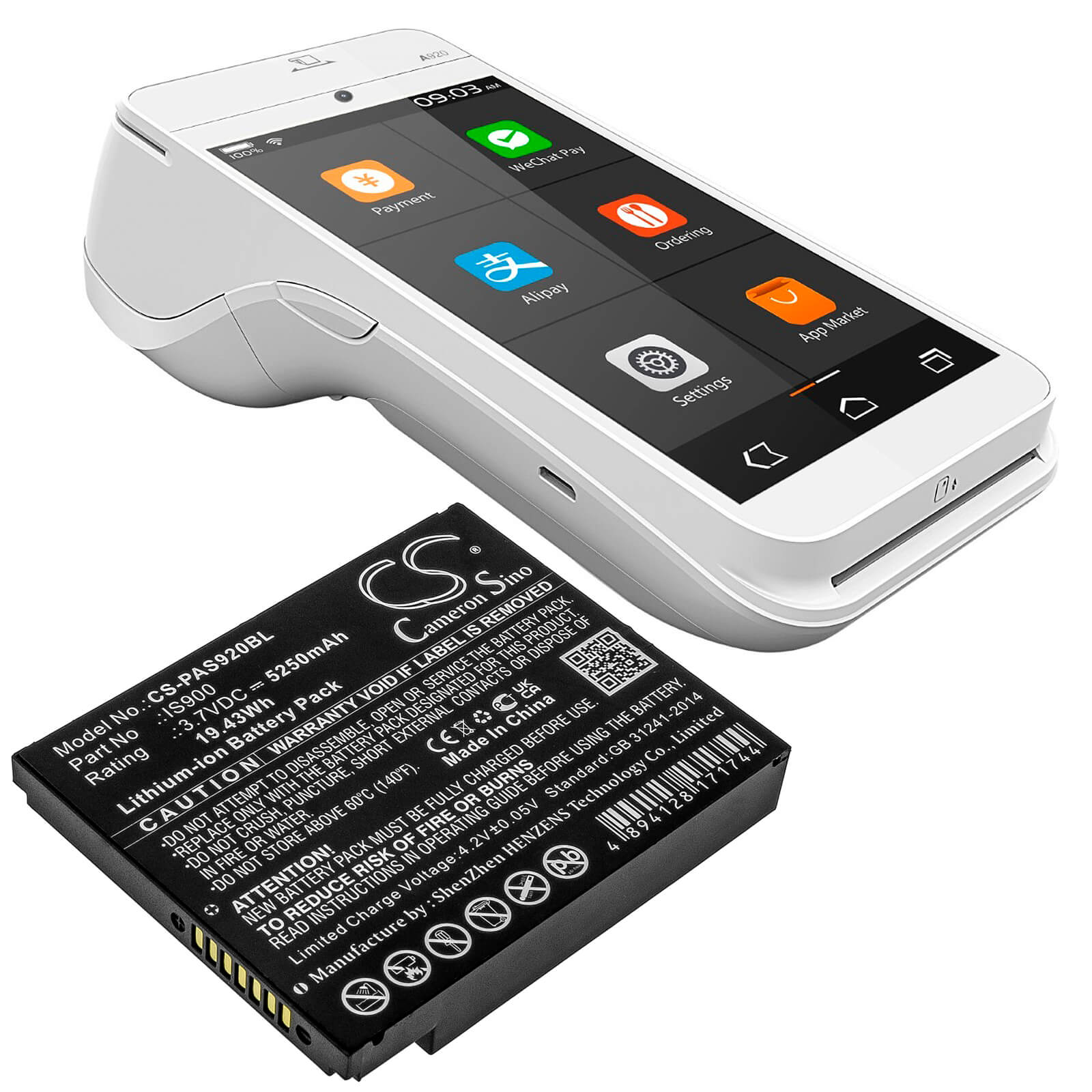 Li-ion Battery fits Pax, A920 3.7V, 5250mAh / 19.43Wh Payment Terminal Cameron Sino Technology Limited