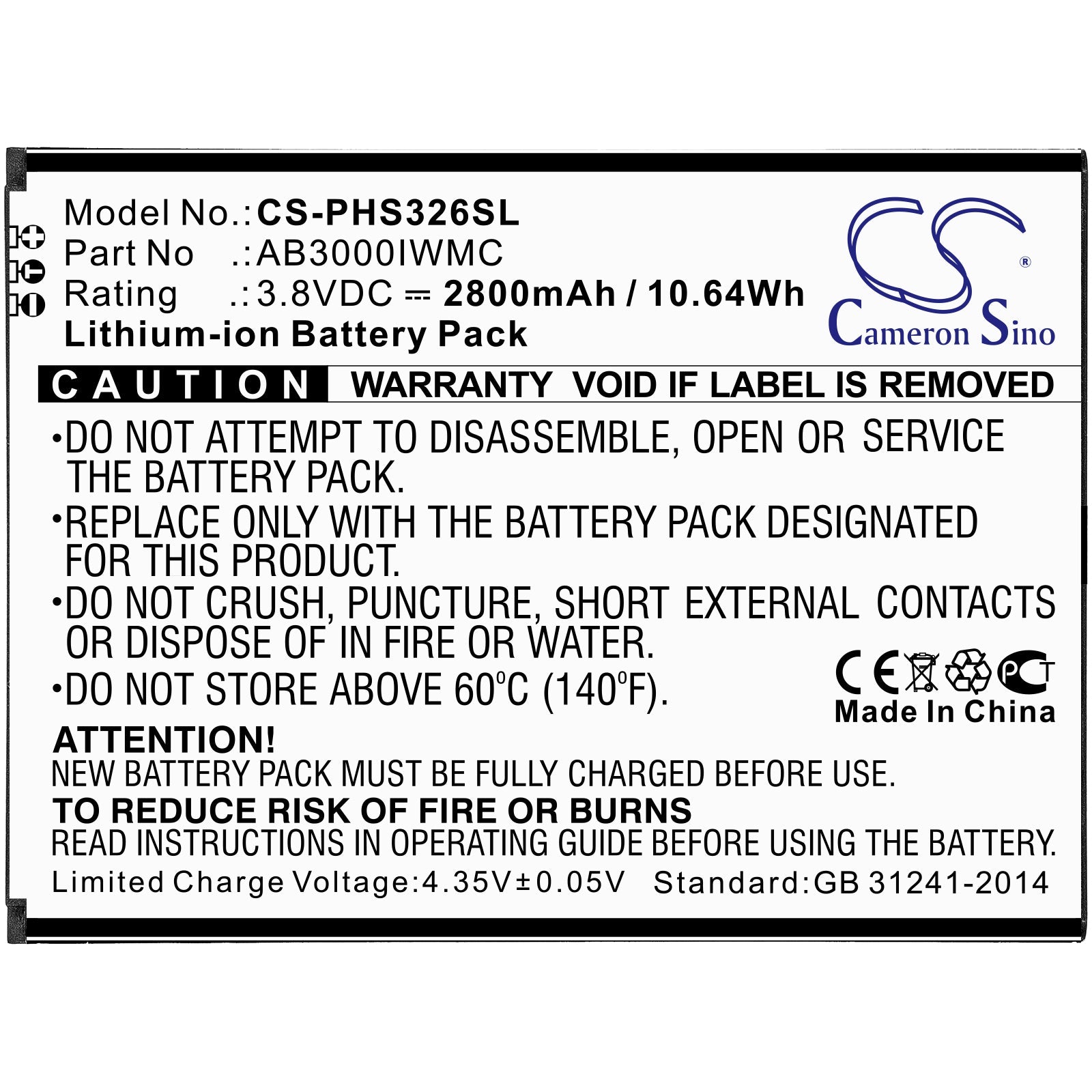 Li-ion Battery fits Philips, Cts326, Xenium S326 3.8V, 2800mAh Mobile & SmartPhone Cameron Sino Technology Limited