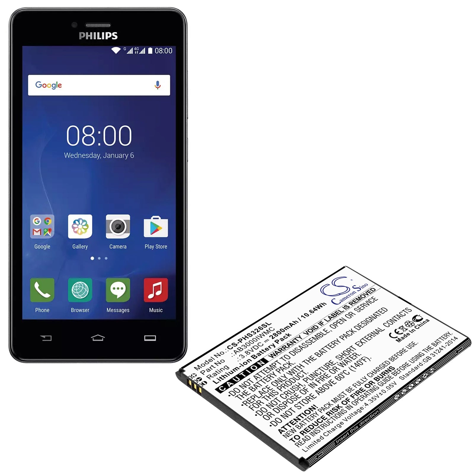 Li-ion Battery fits Philips, Cts326, Xenium S326 3.8V, 2800mAh Mobile & SmartPhone Cameron Sino Technology Limited