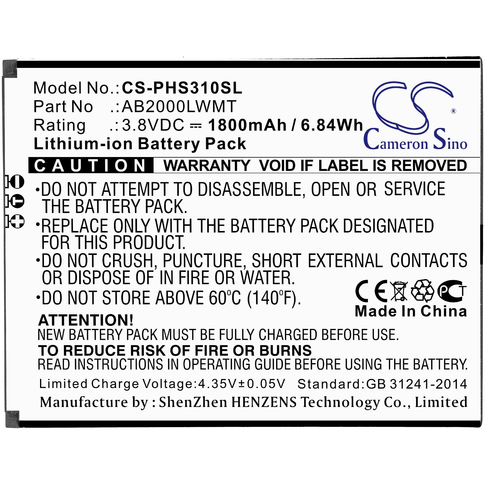 Li-ion Battery fits Philips, Xenium Cts310x, Xenium S310x 3.8V, 1800mAh Mobile & SmartPhone Cameron Sino Technology Limited