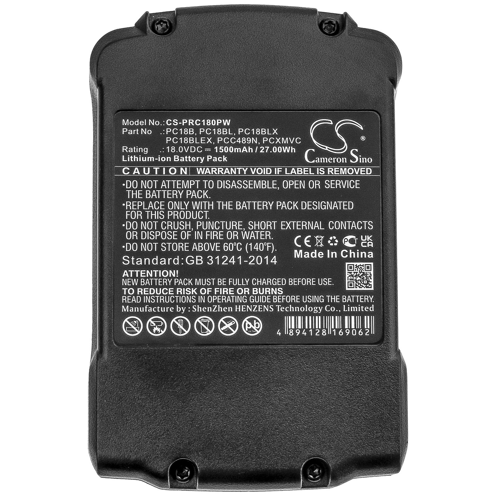 Li-ion Battery fits Porter Cable, Pc1800d, Pc1800l, Pc1800rs 18.0V, 1500mAh Power Tools Cameron Sino Technology Limited