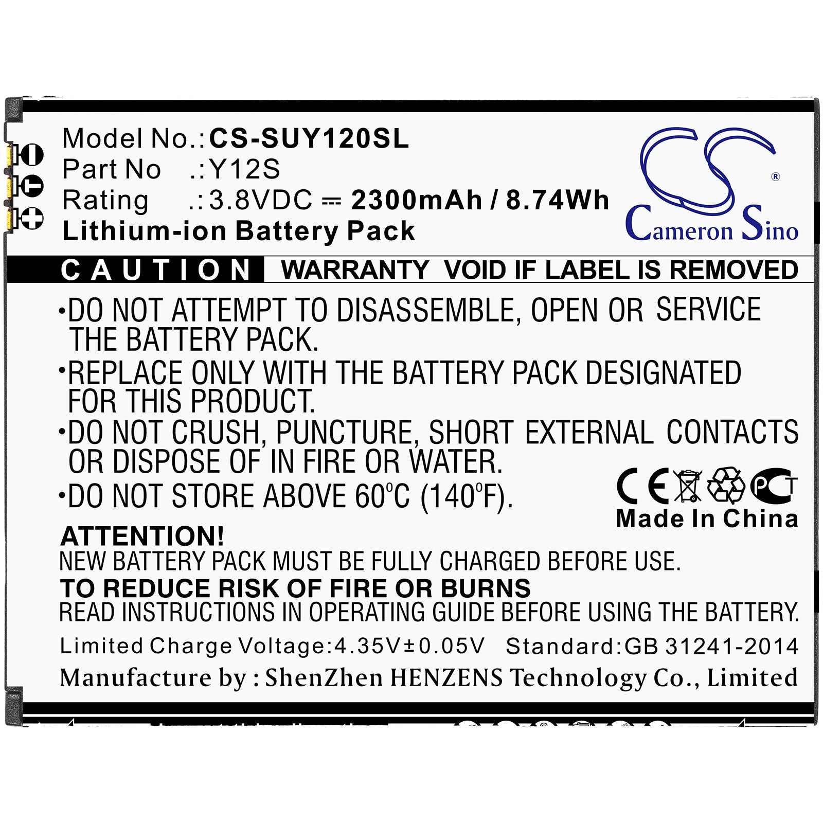 Li-ion Battery fits Sugar, Y12s 3.8V, 2300mAh Mobile & SmartPhone Cameron Sino Technology Limited