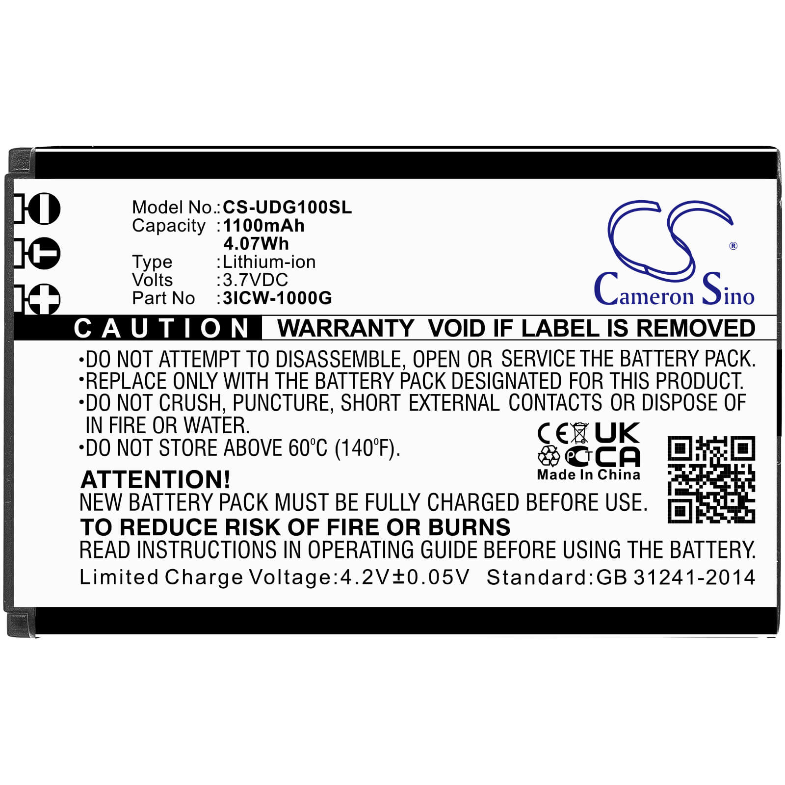 Li-ion Battery fits Unidata, Icw-1000g 3.7V, 1100mAh / 4.07Wh VoIP Phone Cameron Sino Technology Limited