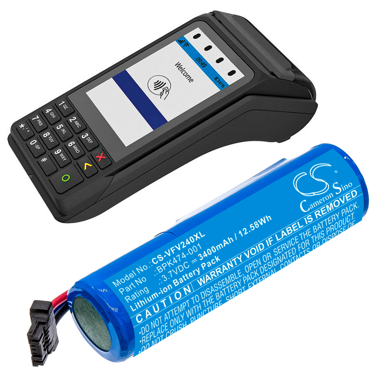 Li-ion Battery fits Verifone, 3gbwc, V240m Plus 3.7V, 3400mAh / 12.58Wh Payment Terminal Cameron Sino Technology Limited