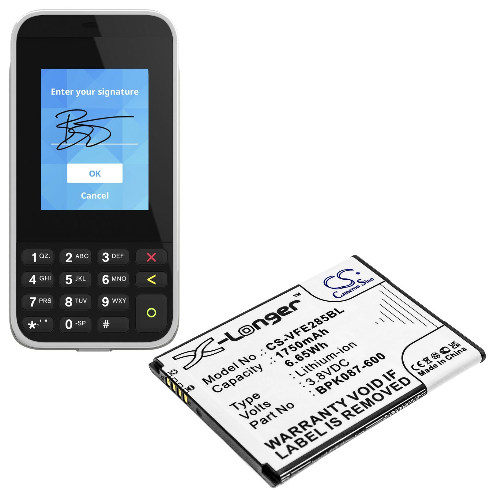 Li-ion Battery fits Verifone, E285, Ipay E285 3.8V, 1800mAh Payment Terminal Cameron Sino Technology Limited