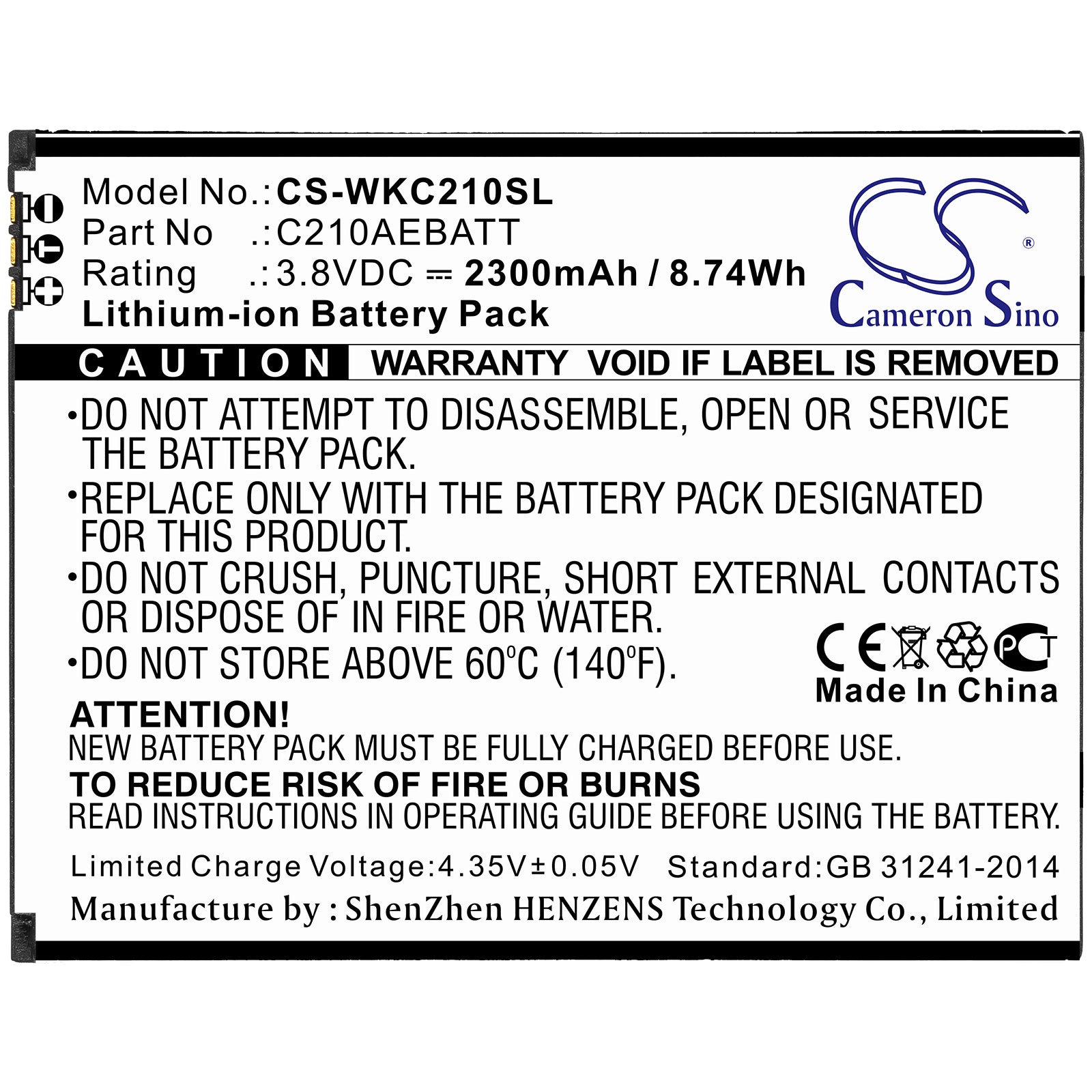 Li-ion Battery fits Wiko, C210aebatt 3.8V, 2300mAh Mobile & SmartPhone Cameron Sino Technology Limited