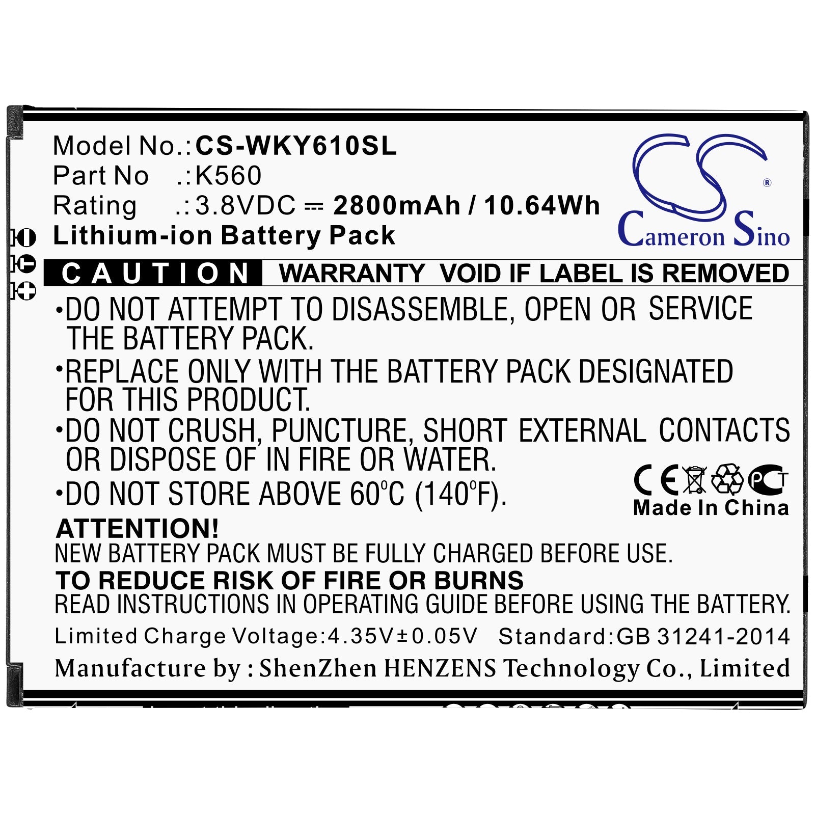 Li-ion Battery fits Wiko, K560 3.8V, 2800mAh Mobile & SmartPhone Cameron Sino Technology Limited