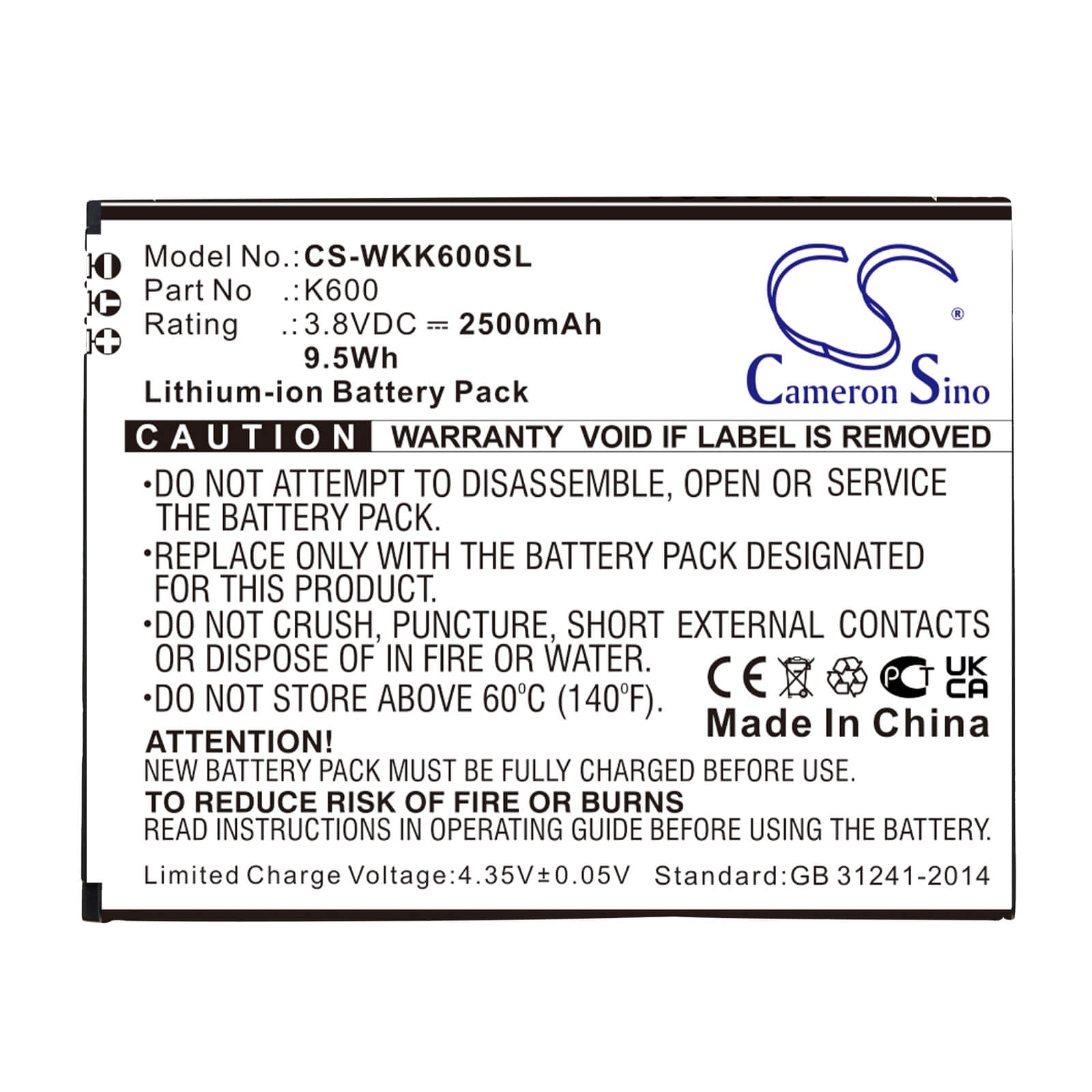 Li-ion Battery fits Wiko, K600, Tommy 3 3.8V, 2500mAh / 9.50Wh Mobile & SmartPhone Cameron Sino Technology Limited