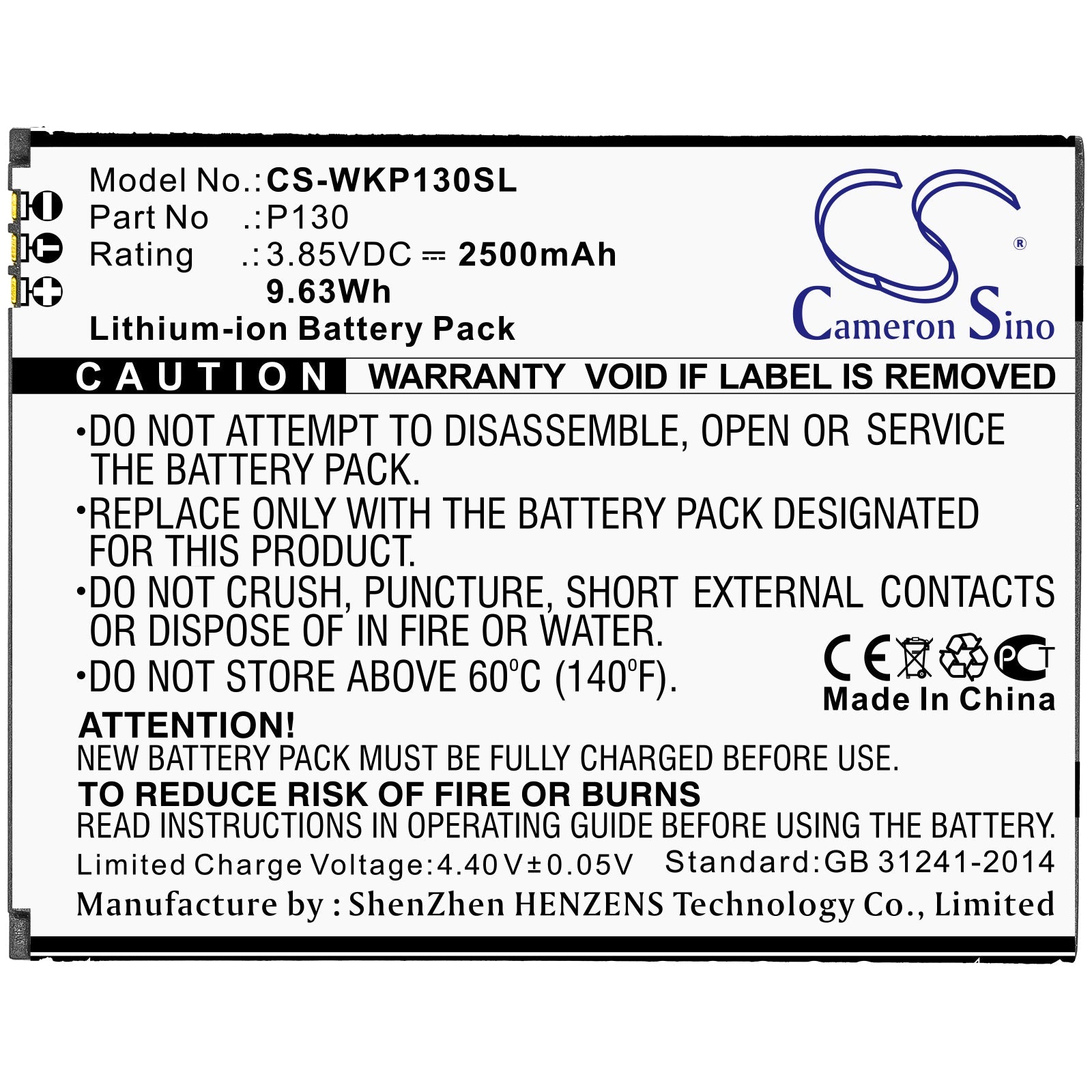 Li-ion Battery fits Wiko, P130 3.85V, 2500mAh Mobile & SmartPhone Cameron Sino Technology Limited