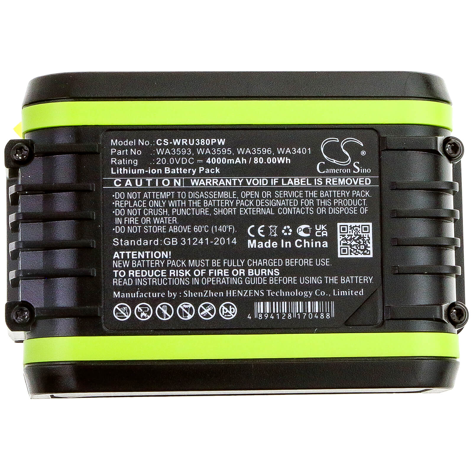 Li-ion Battery fits Worx, Wu172, Wu185, Wu279 20.0V, 4000mAh Power Tools Cameron Sino Technology Limited