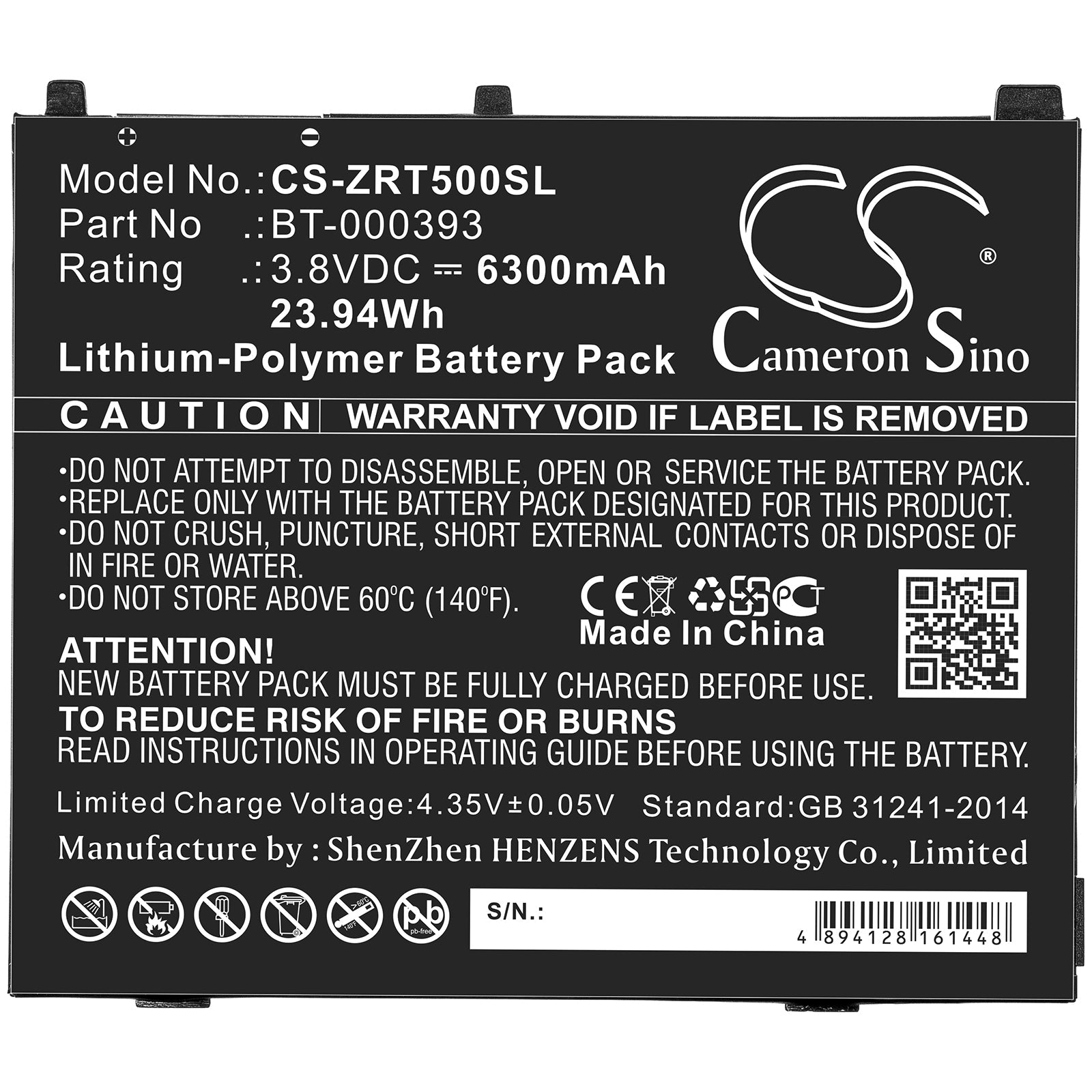 Li-ion Battery fits Zebra, Bt-000393 3.8V, 6300mAh Tablet Cameron Sino Technology Limited