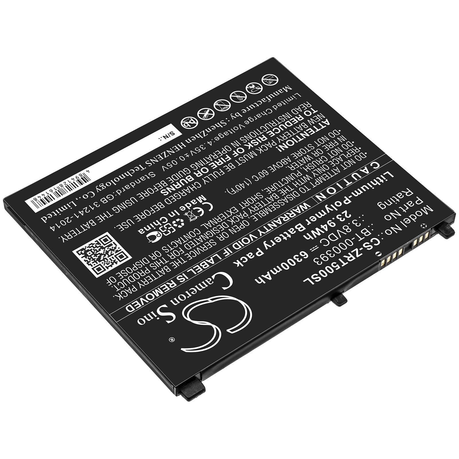 Li-ion Battery fits Zebra, Bt-000393 3.8V, 6300mAh Tablet Cameron Sino Technology Limited
