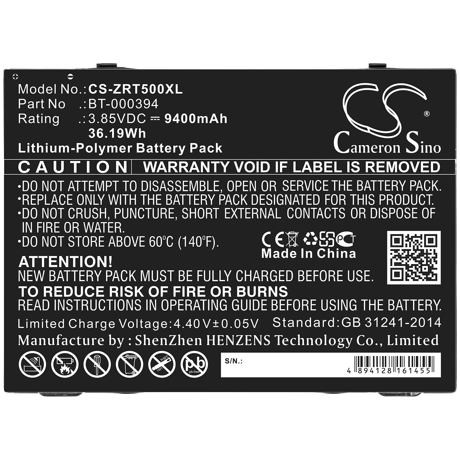 Li-ion Battery fits Zebra, Bt-000394 3.85V, 9400mAh Computer Cameron Sino Technology Limited (Suspended)