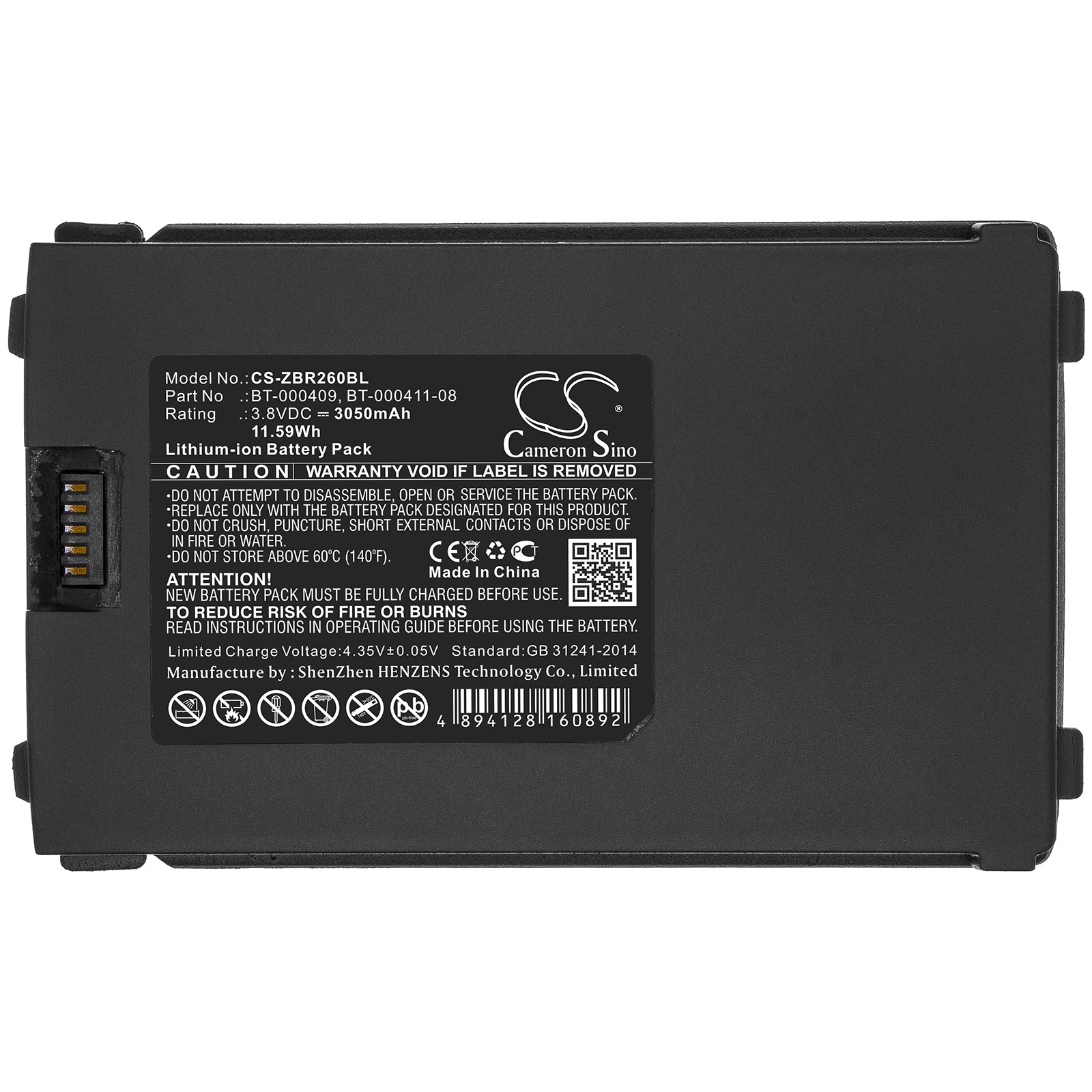 Li-ion Battery fits Zebra, Bt-000409, Bt-000411-08 3.8V, 3050mAh Barcode Scanner Cameron Sino Technology Limited
