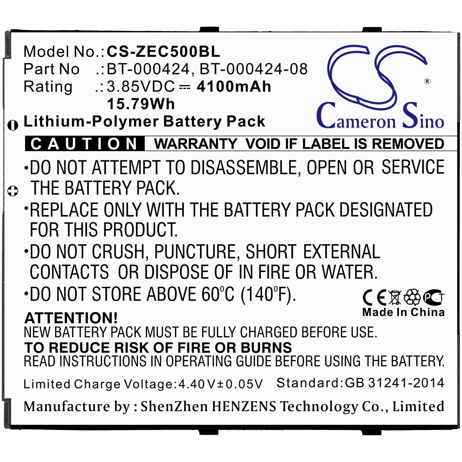 Li-ion Battery fits Zebra, Ec50, Ec55 3.85V, 4100mAh Barcode Scanner Cameron Sino Technology Limited