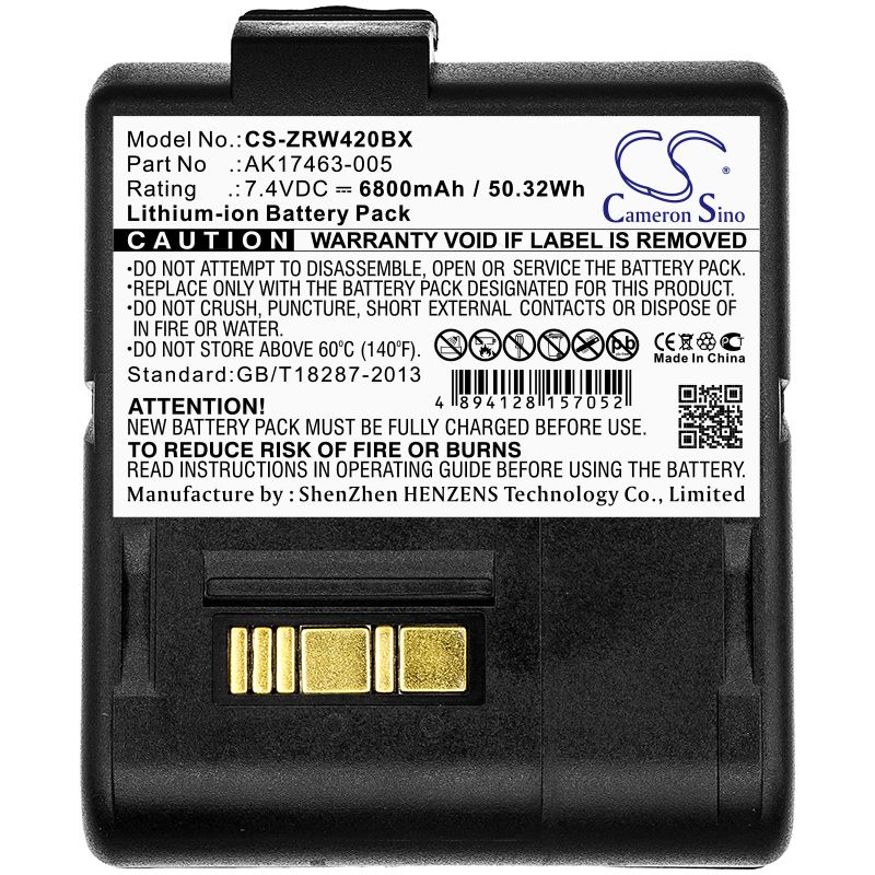 Li-ion Battery fits Zebra, L405, Rw420 7.4V, 6800mAh Portable Printer Cameron Sino Technology Limited