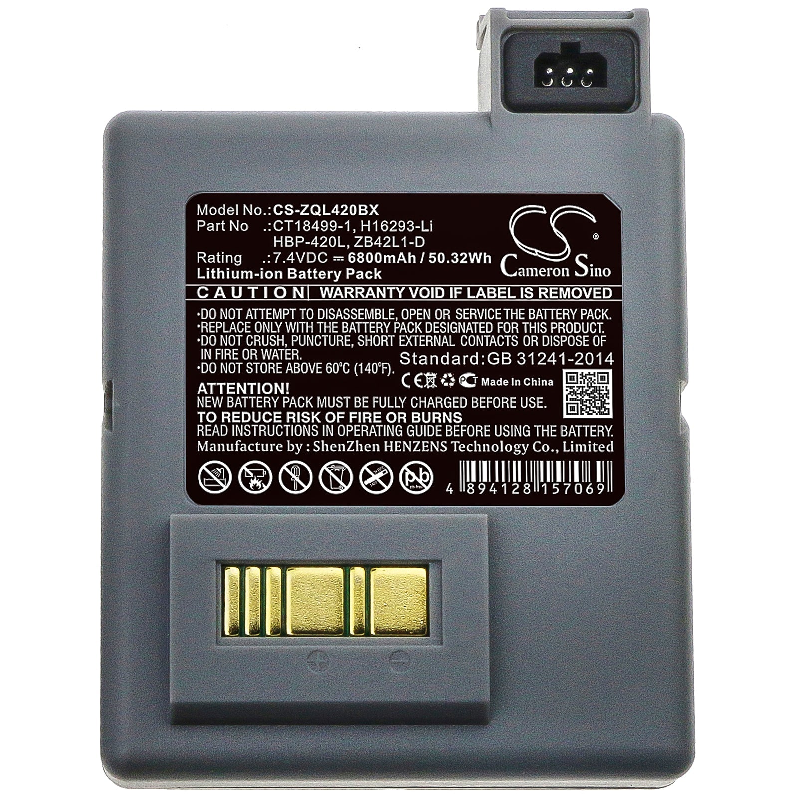 Li-ion Battery fits Zebra, P4t, Rp4 7.4V, 6800mAh Portable Printer Cameron Sino Technology Limited