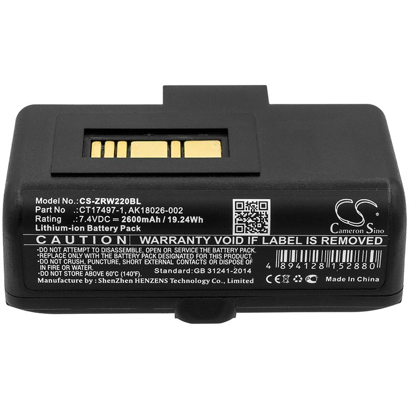 Li-ion Battery fits Zebra, Rw220, Rw320 7.4V, 2600mAh Portable Printer Cameron Sino Technology Limited