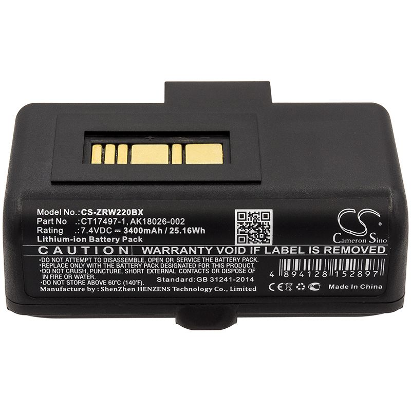 Li-ion Battery fits Zebra, Rw220, Rw320 7.4V, 3400mAh Portable Printer Cameron Sino Technology Limited