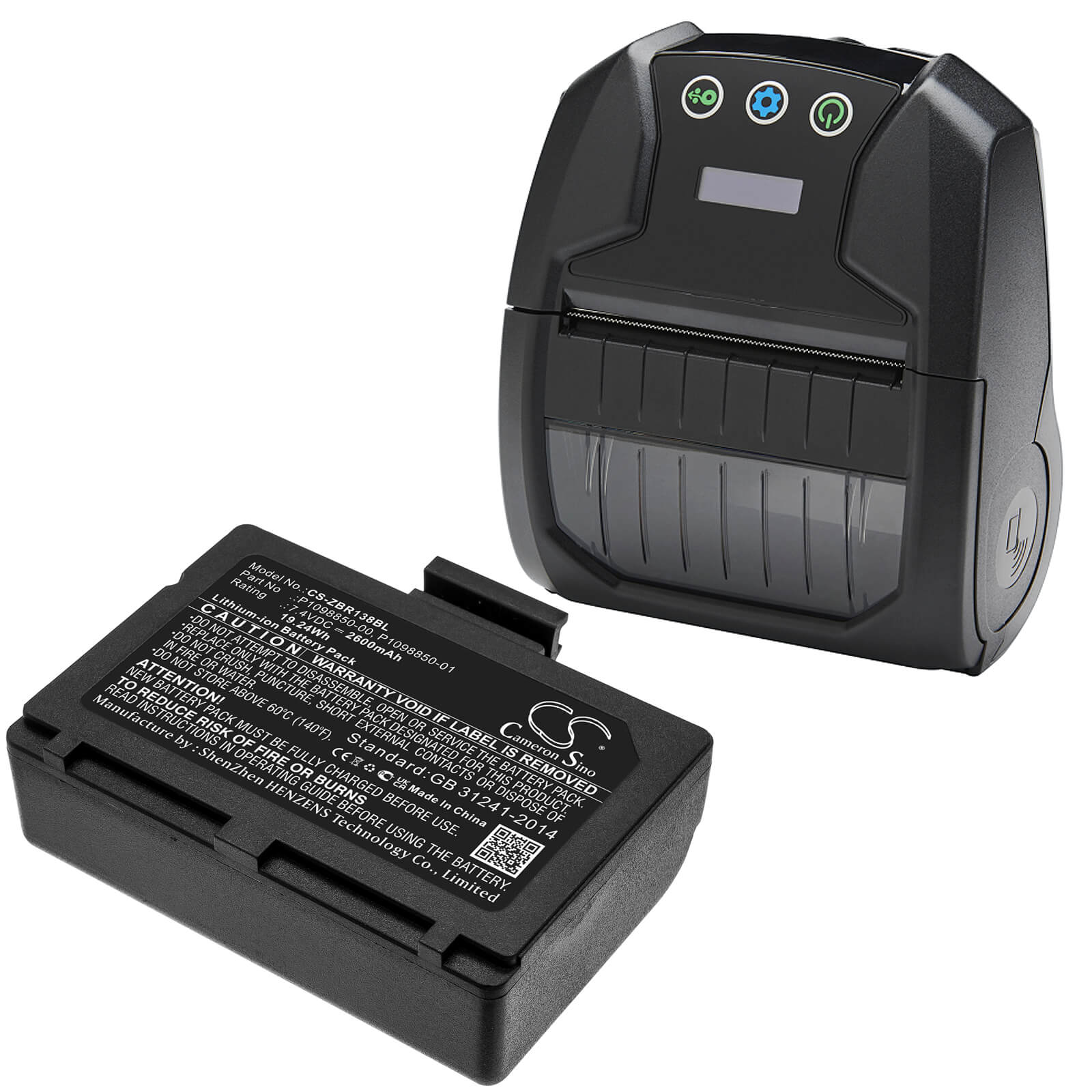 Li-ion Battery fits Zebra, Zr138 7.4V, 2600mAh / 19.24Wh Portable Printer Cameron Sino Technology Limited